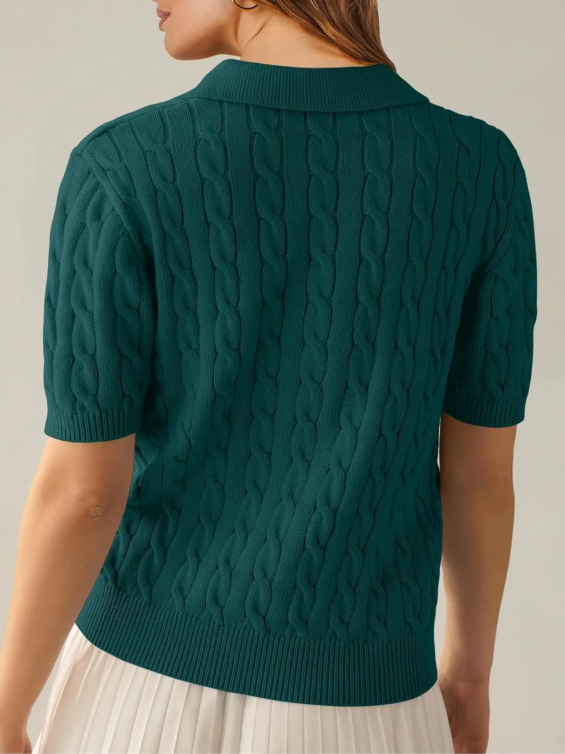 ANRABESS Women's Short Sleeve Sweaters Tops Polo V Neck Cable Knit Casual Soft Pullover Shirts 2025 Summer Outfits