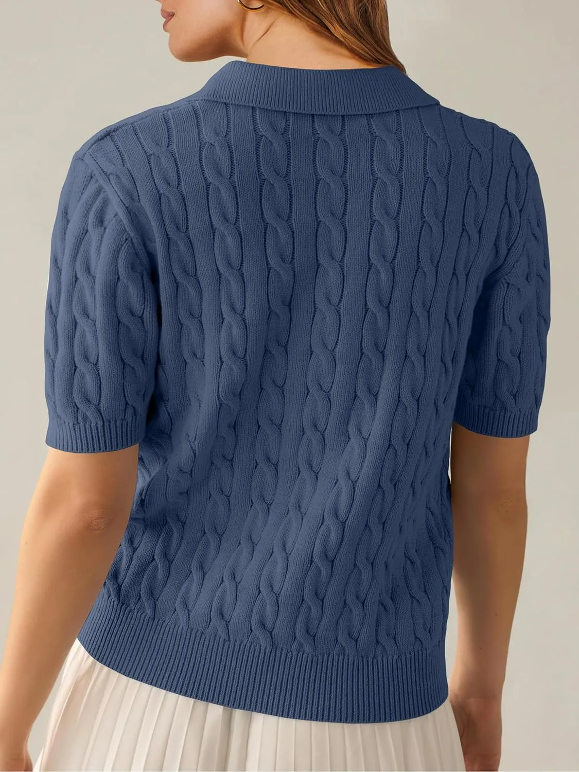 ANRABESS Women's Short Sleeve Sweaters Tops Polo V Neck Cable Knit Casual Soft Pullover Shirts 2025 Summer Outfits