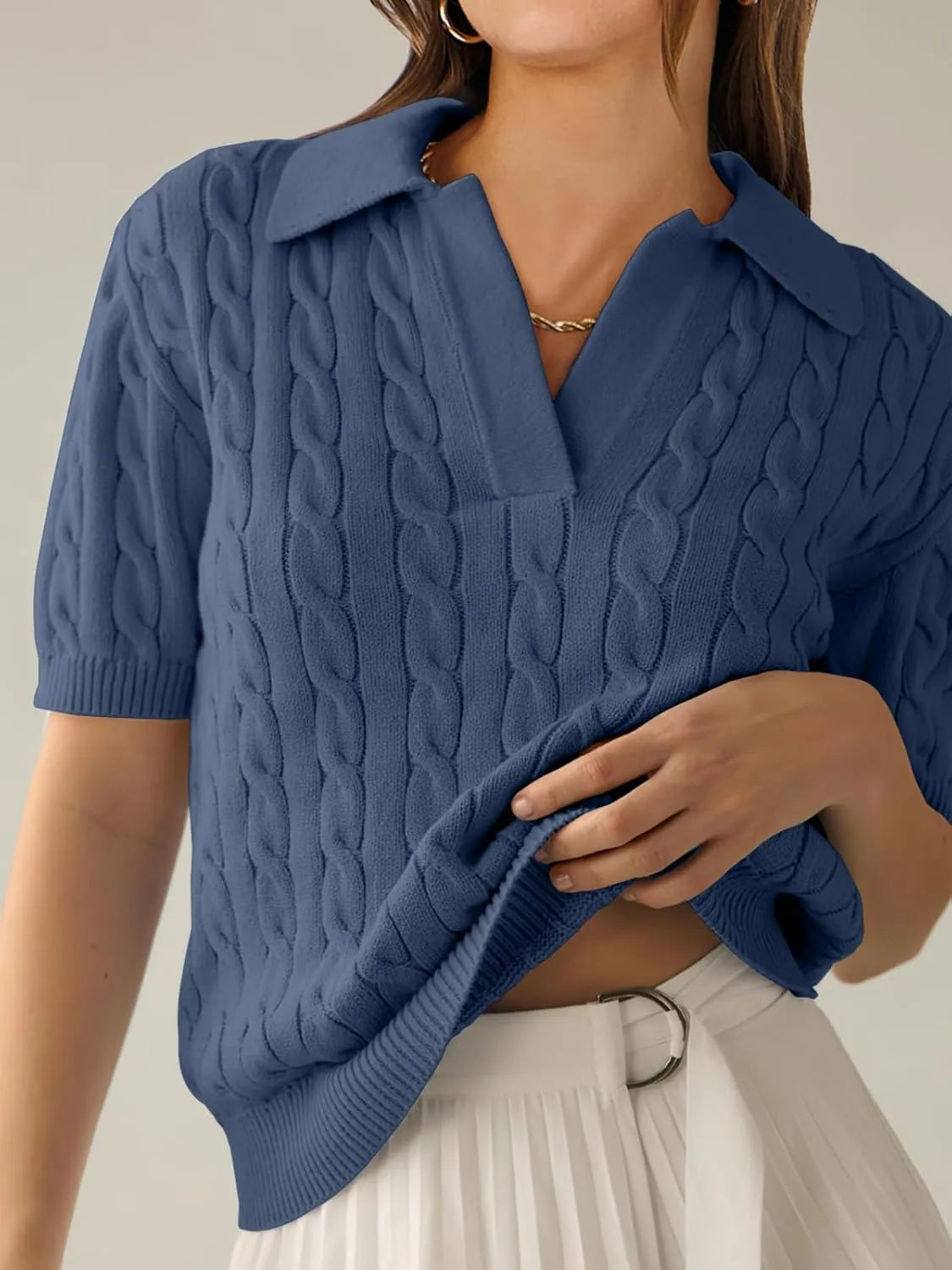 ANRABESS Women's Short Sleeve Sweaters Tops Polo V Neck Cable Knit Casual Soft Pullover Shirts 2025 Summer Outfits