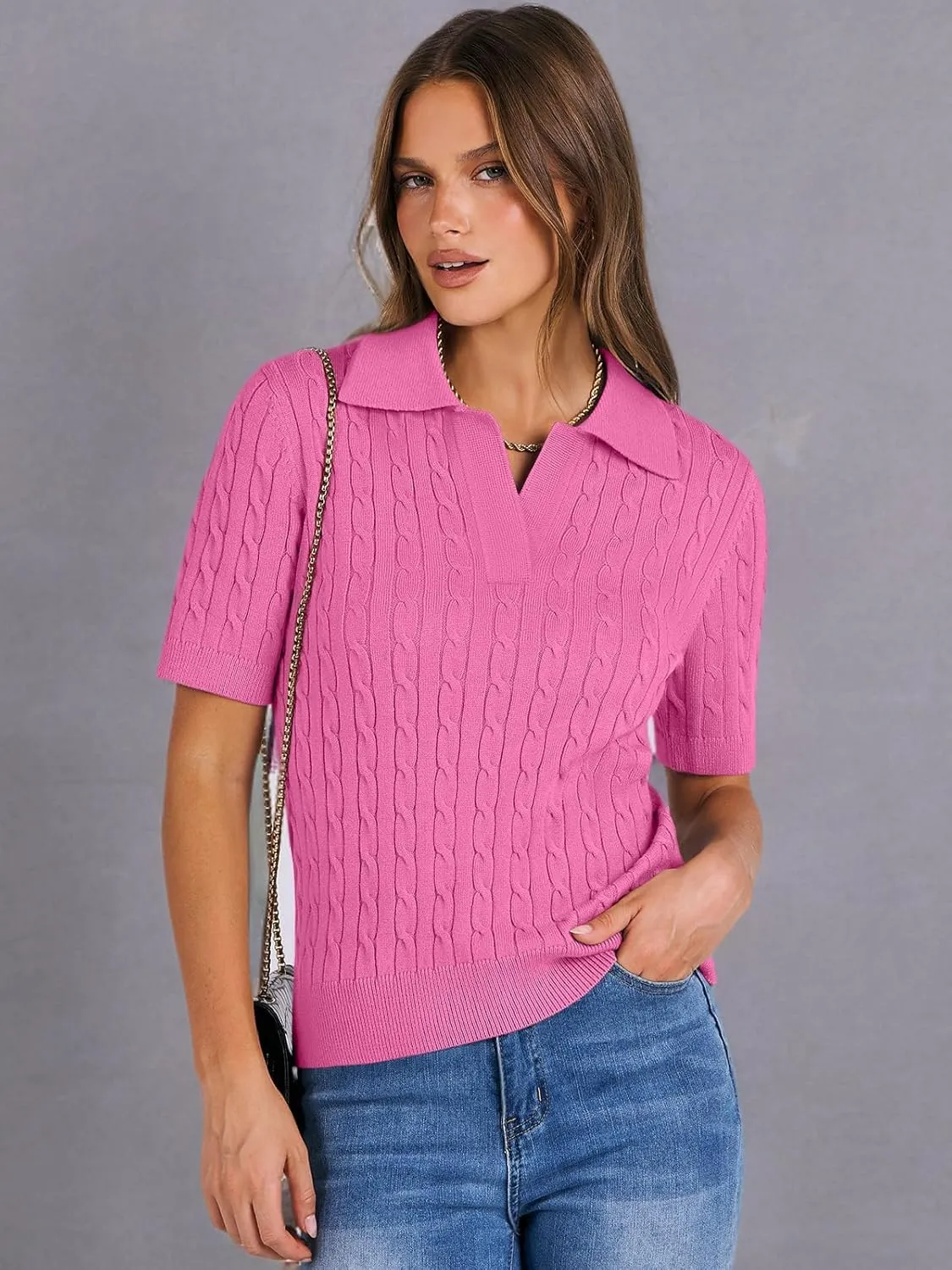 ANRABESS Women's Short Sleeve Sweaters Tops Polo V Neck Cable Knit Casual Soft Pullover Shirts 2025 Summer Outfits