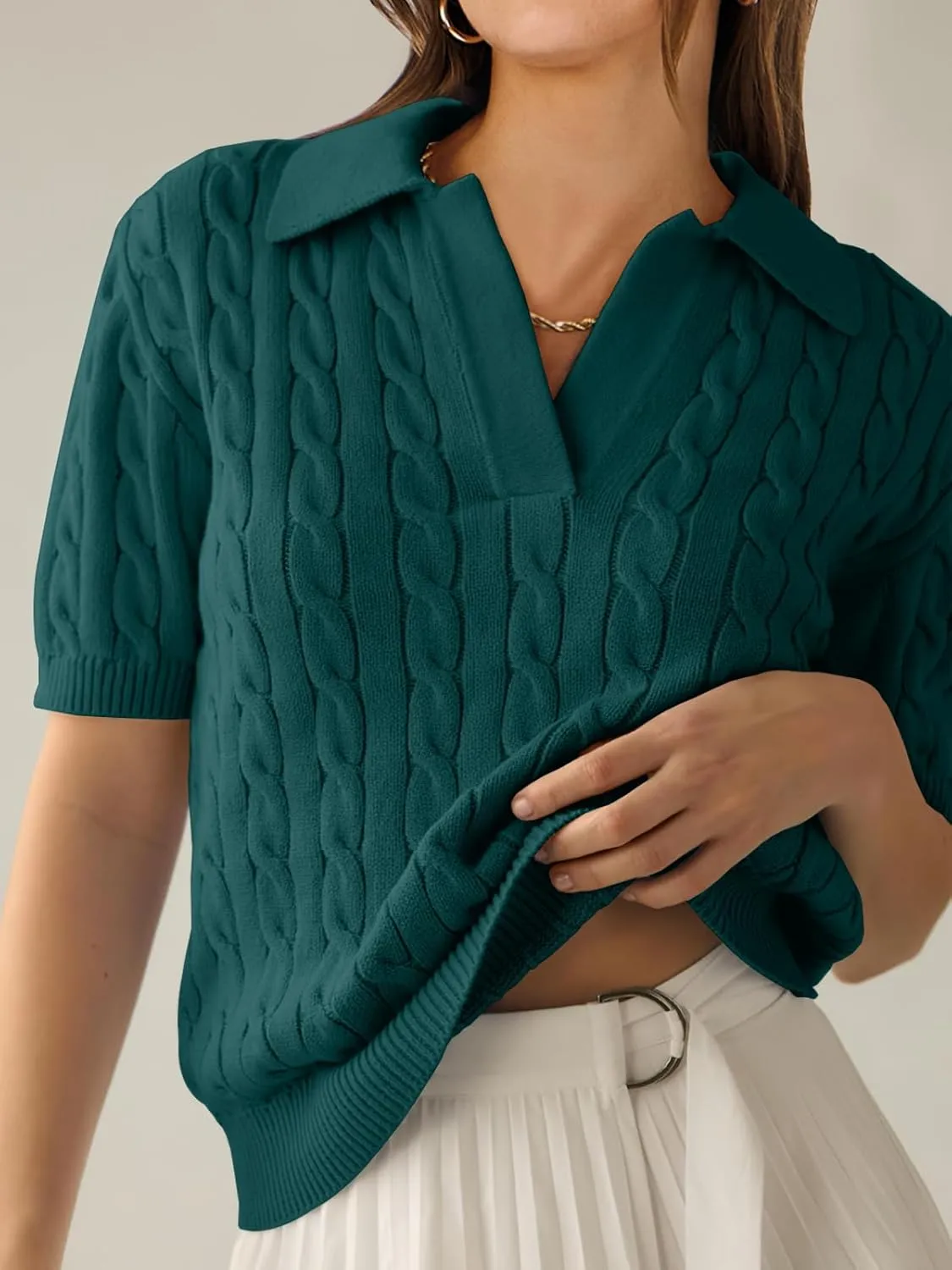 ANRABESS Women's Short Sleeve Sweaters Tops Polo V Neck Cable Knit Casual Soft Pullover Shirts 2025 Summer Outfits