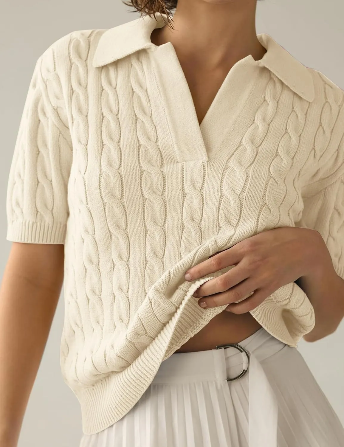 BeautyNee Women's Short Sleeve Sweaters Tops Solid Lapel V Neck Cable Knit Polo Sweater Casual Soft Collared Pullover