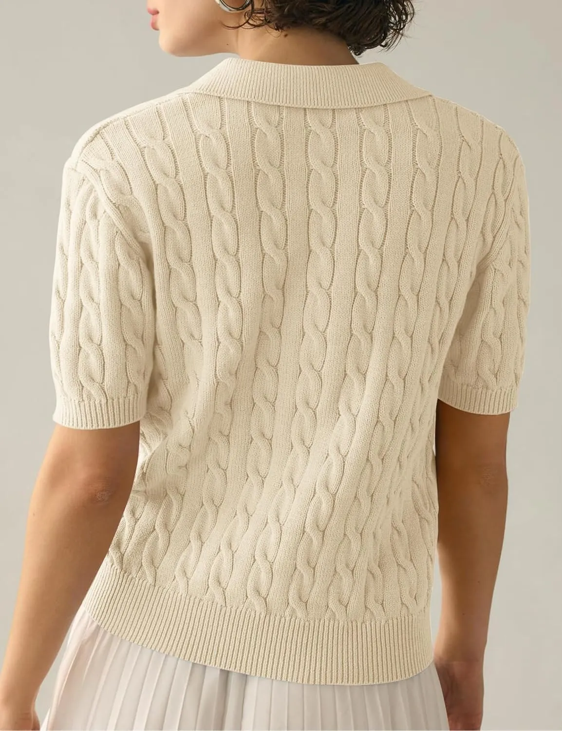 BeautyNee Women's Short Sleeve Sweaters Tops Solid Lapel V Neck Cable Knit Polo Sweater Casual Soft Collared Pullover