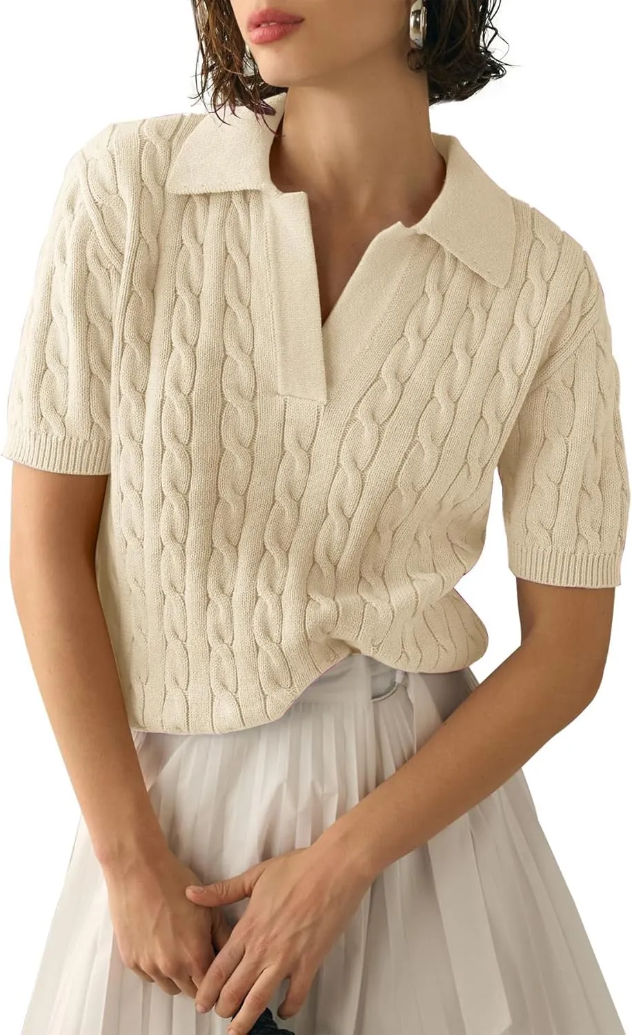 BeautyNee Women's Short Sleeve Sweaters Tops Solid Lapel V Neck Cable Knit Polo Sweater Casual Soft Collared Pullover