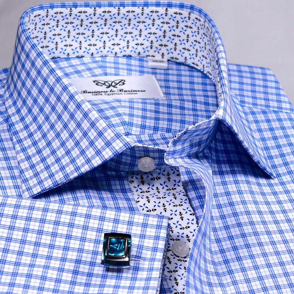 Blue Double Plaid Checkered  Formal Business Dress Shirt With Floral Inner Lining Design French Cuffs