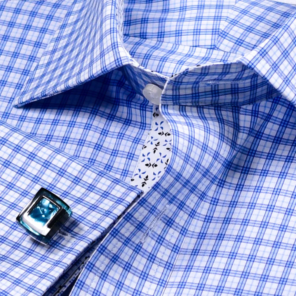 Blue Double Plaid Checkered  Formal Business Dress Shirt With Floral Inner Lining Design French Cuffs
