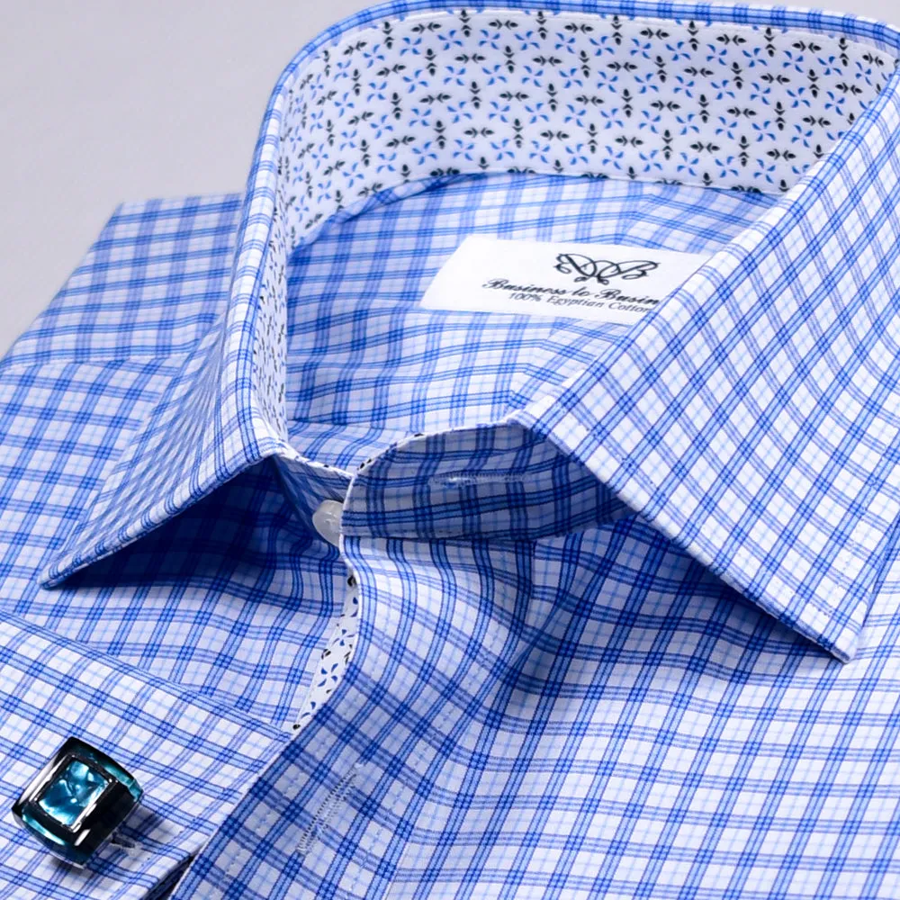 Blue Double Plaid Checkered  Formal Business Dress Shirt With Floral Inner Lining Design French Cuffs