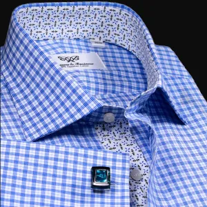 Blue Double Plaid Checkered  Formal Business Dress Shirt With Floral Inner Lining Design French Cuffs