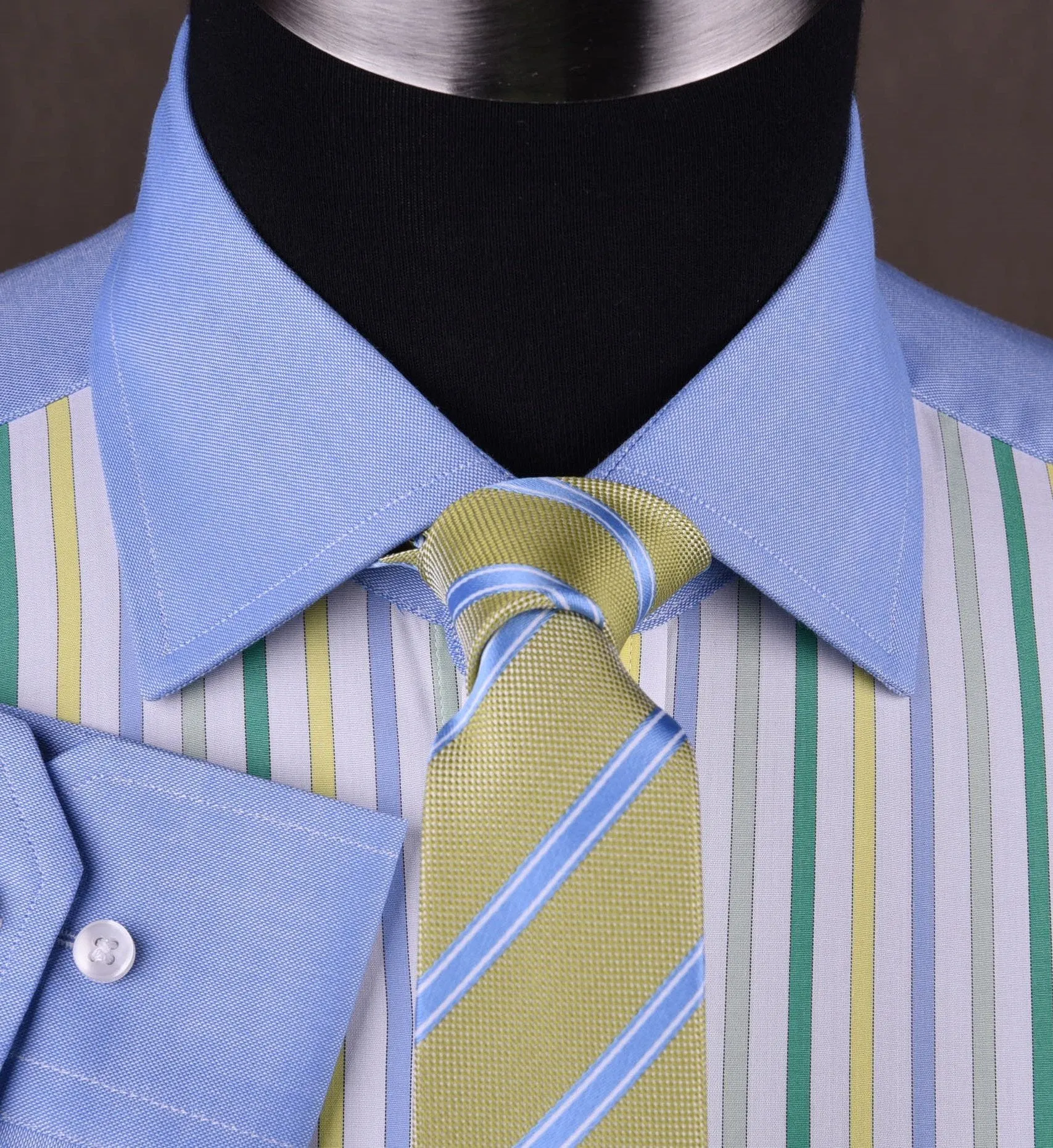 Blue Poplin Yellow Green Grey Striped Formal Business Dress Shirt