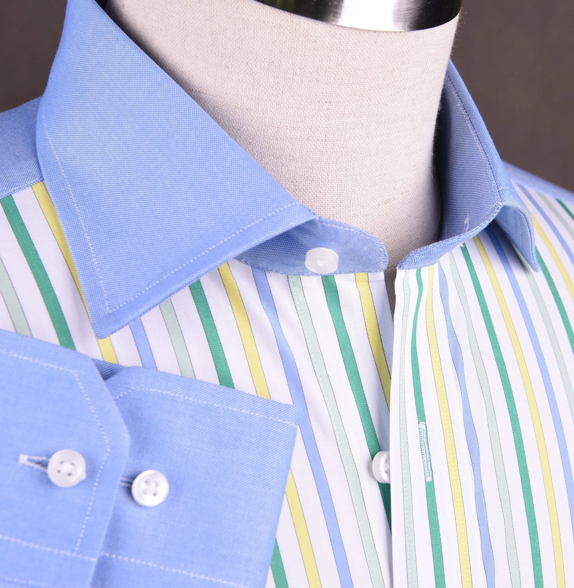 Blue Poplin Yellow Green Grey Striped Formal Business Dress Shirt