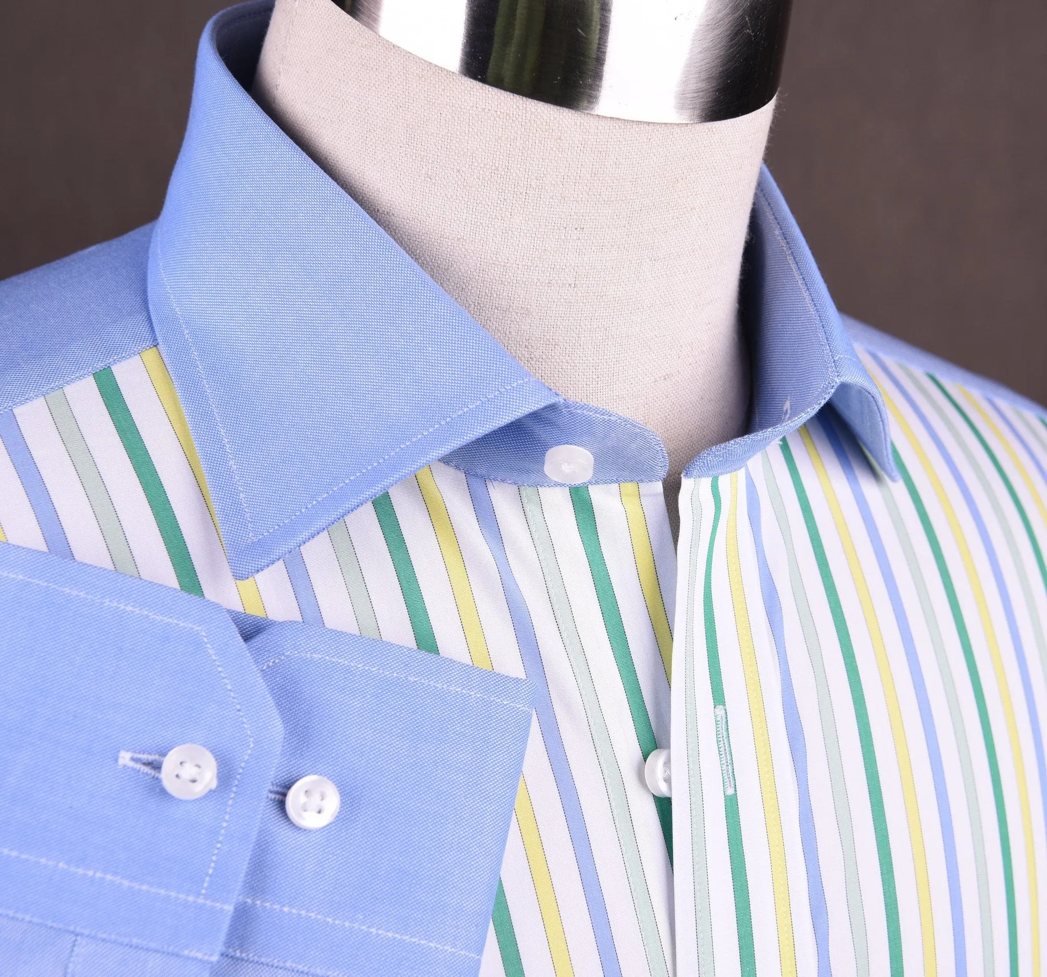 Blue Poplin Yellow Green Grey Striped Formal Business Dress Shirt