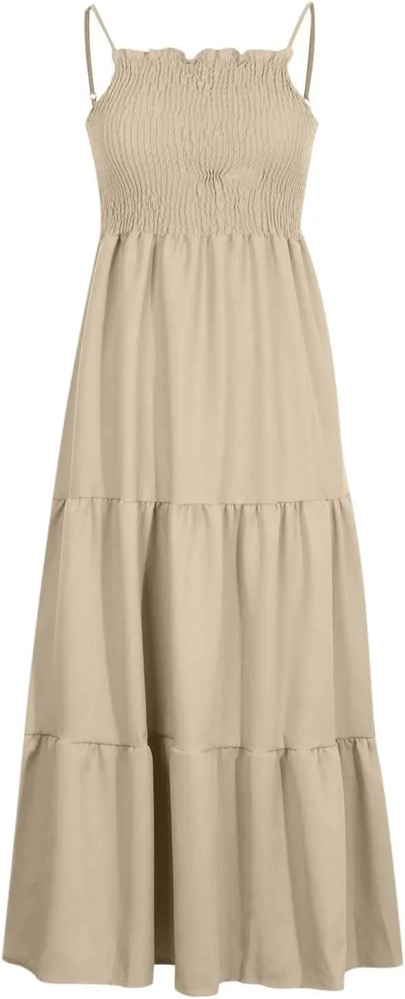 Boho Summer Dresses for Women Casual Ruched Maxi Dress Sleeveless Square Neck Cami Dresses Flowy Tiered Sundress