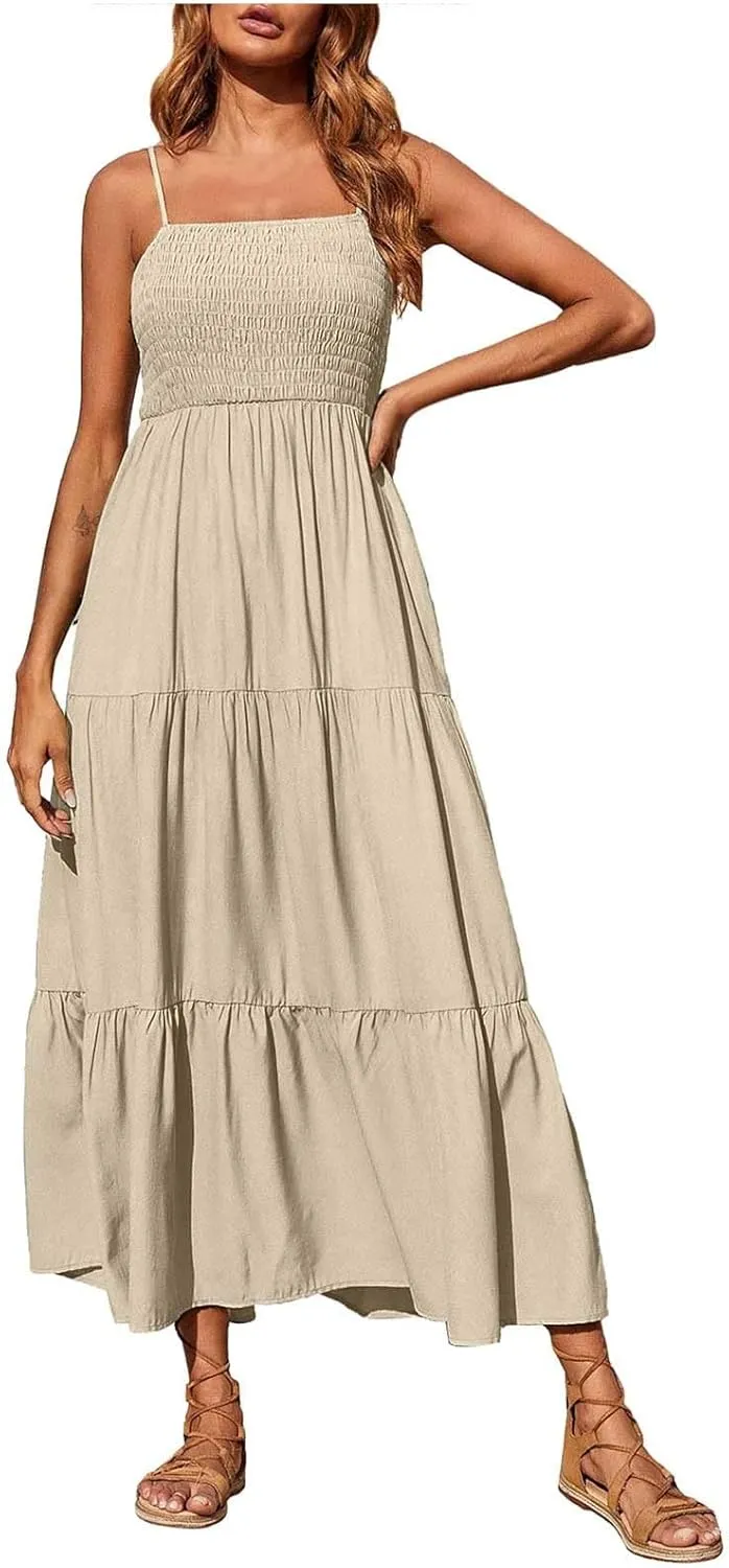Boho Summer Dresses for Women Casual Ruched Maxi Dress Sleeveless Square Neck Cami Dresses Flowy Tiered Sundress