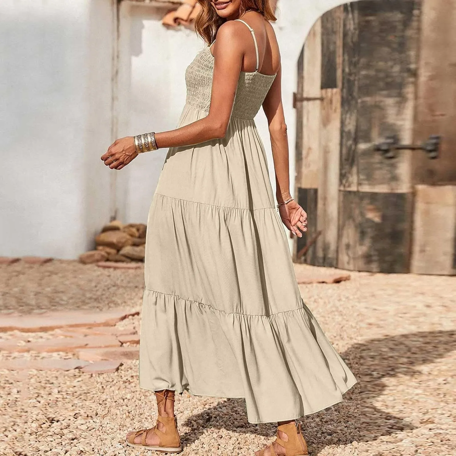 Boho Summer Dresses for Women Casual Ruched Maxi Dress Sleeveless Square Neck Cami Dresses Flowy Tiered Sundress