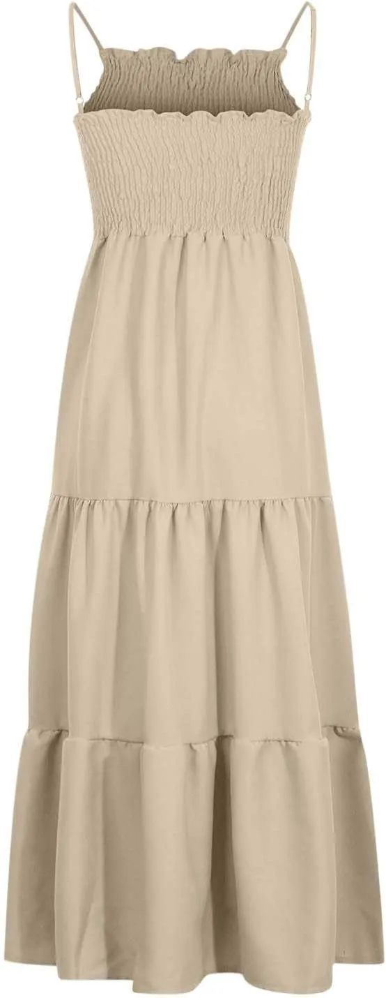 Boho Summer Dresses for Women Casual Ruched Maxi Dress Sleeveless Square Neck Cami Dresses Flowy Tiered Sundress