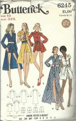 Butterick 6245 Button Front Mini Dress Shorts Vintage Sewing Pattern 1970s
