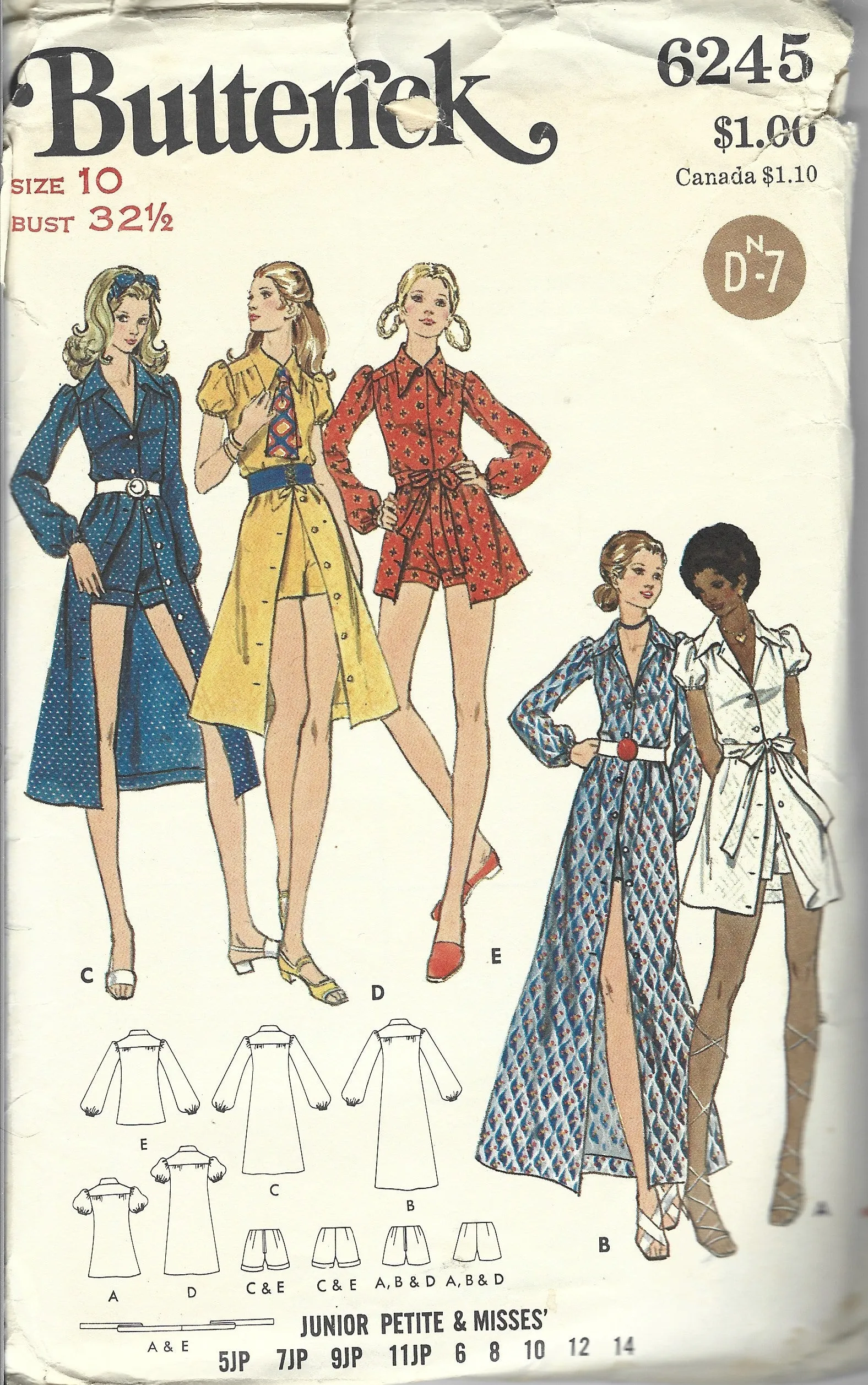 Butterick 6245 Button Front Mini Dress Shorts Vintage Sewing Pattern 1970s