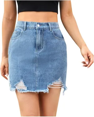 Denim Skirt Women Trendy High Waisted Washed Mini Denim Skirts Raw Hem Summer Jean Skirts