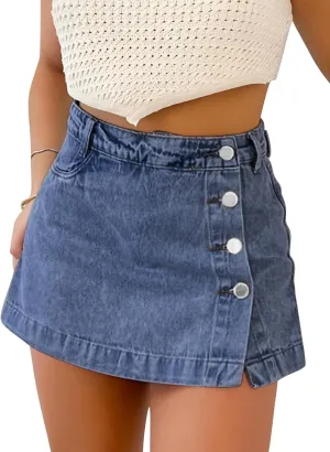 Denim Skort for Women Trendy Slit Mini Denim Skirt Casual Stretchy Jean Skirt with Shorts Summer Short Skirt