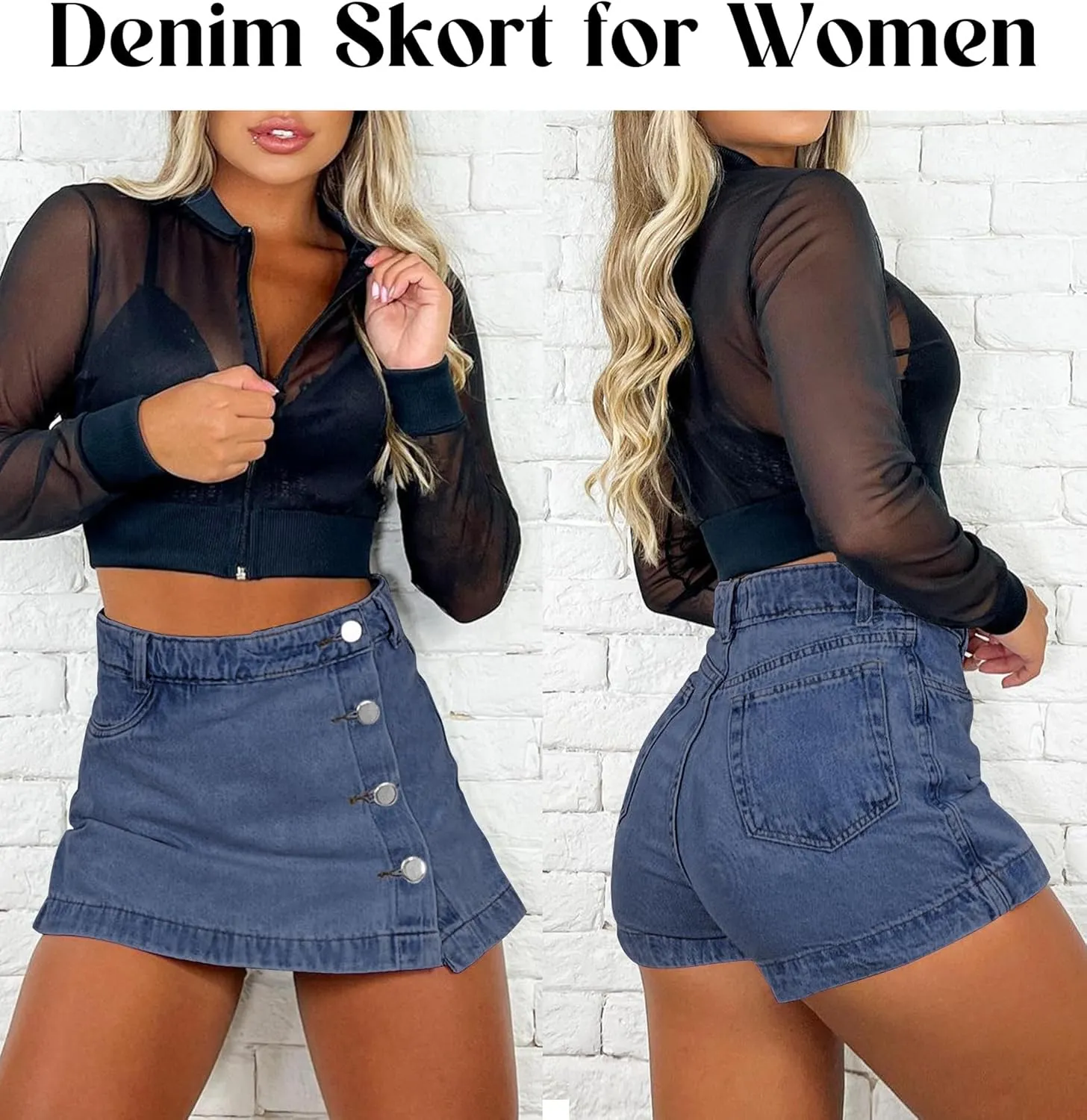 Denim Skort for Women Trendy Slit Mini Denim Skirt Casual Stretchy Jean Skirt with Shorts Summer Short Skirt