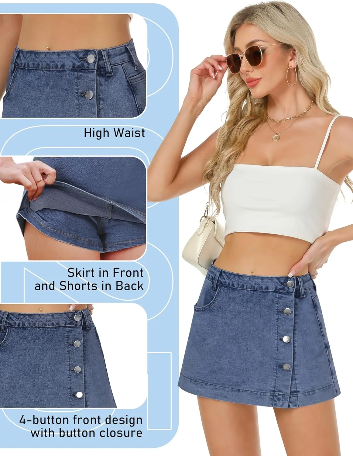 Denim Skort for Women Trendy Slit Mini Denim Skirt Casual Stretchy Jean Skirt with Shorts Summer Short Skirt