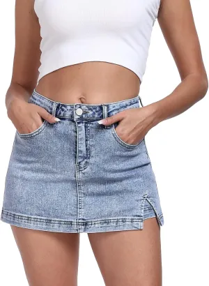 Dokuritu Denim Skort for Women Side Slit Stretch High Waisted Trendy Casual Summer Jean Skirt with Shorts Underneath
