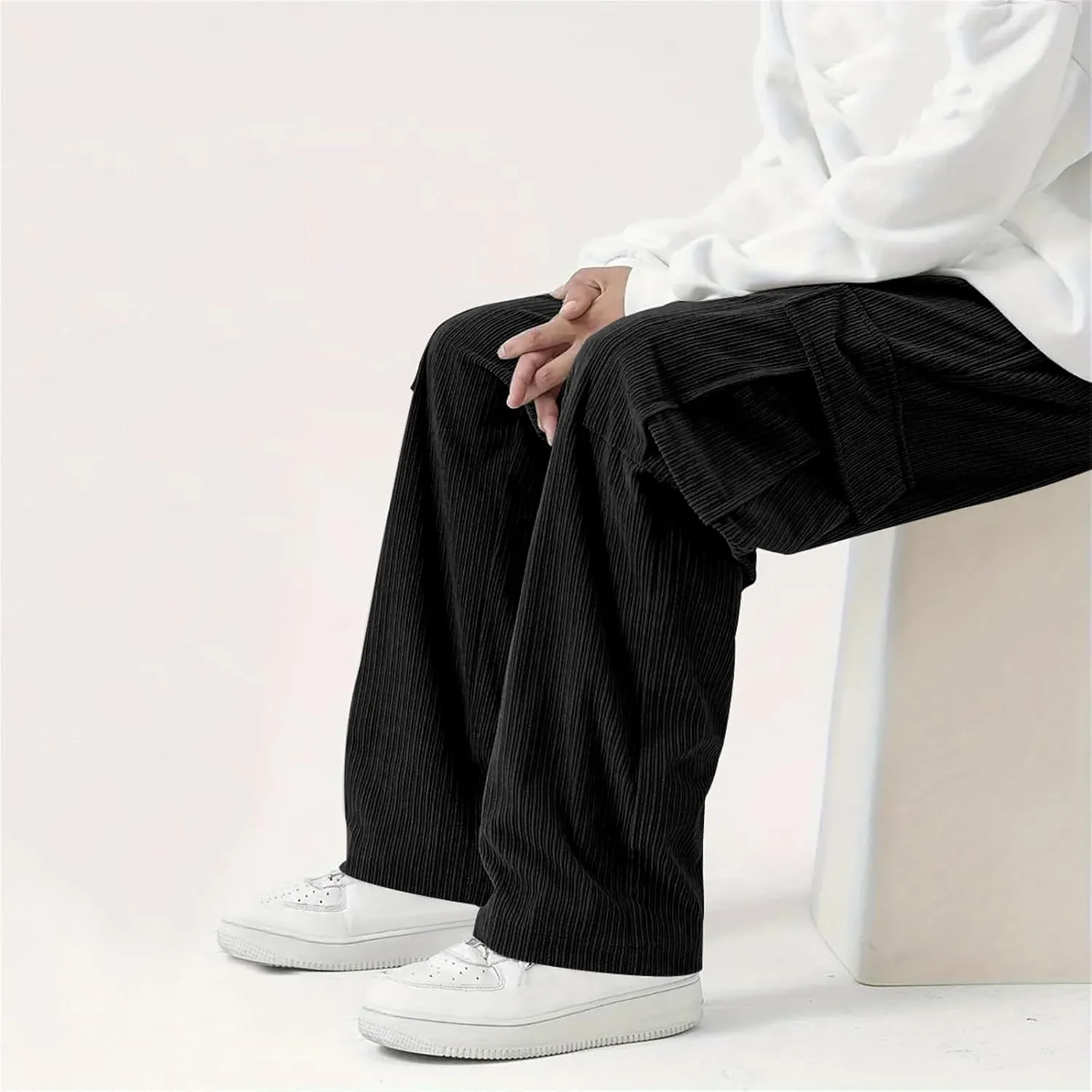 evzosrz Men's Loose Fit Cargo Pants, Casual Corduroy Sweatpant Elastic Waist Wide Leg Trousers Running Baggy Straight Pants