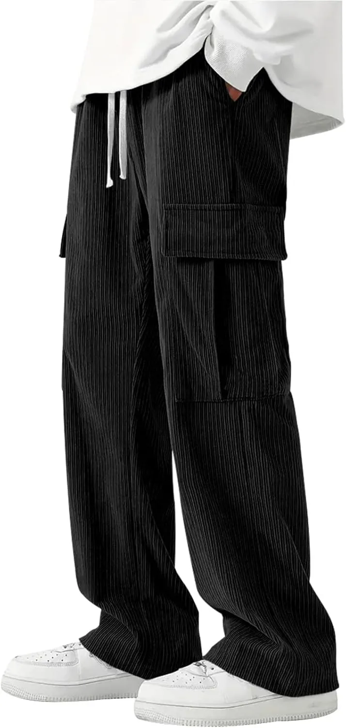 evzosrz Men's Loose Fit Cargo Pants, Casual Corduroy Sweatpant Elastic Waist Wide Leg Trousers Running Baggy Straight Pants