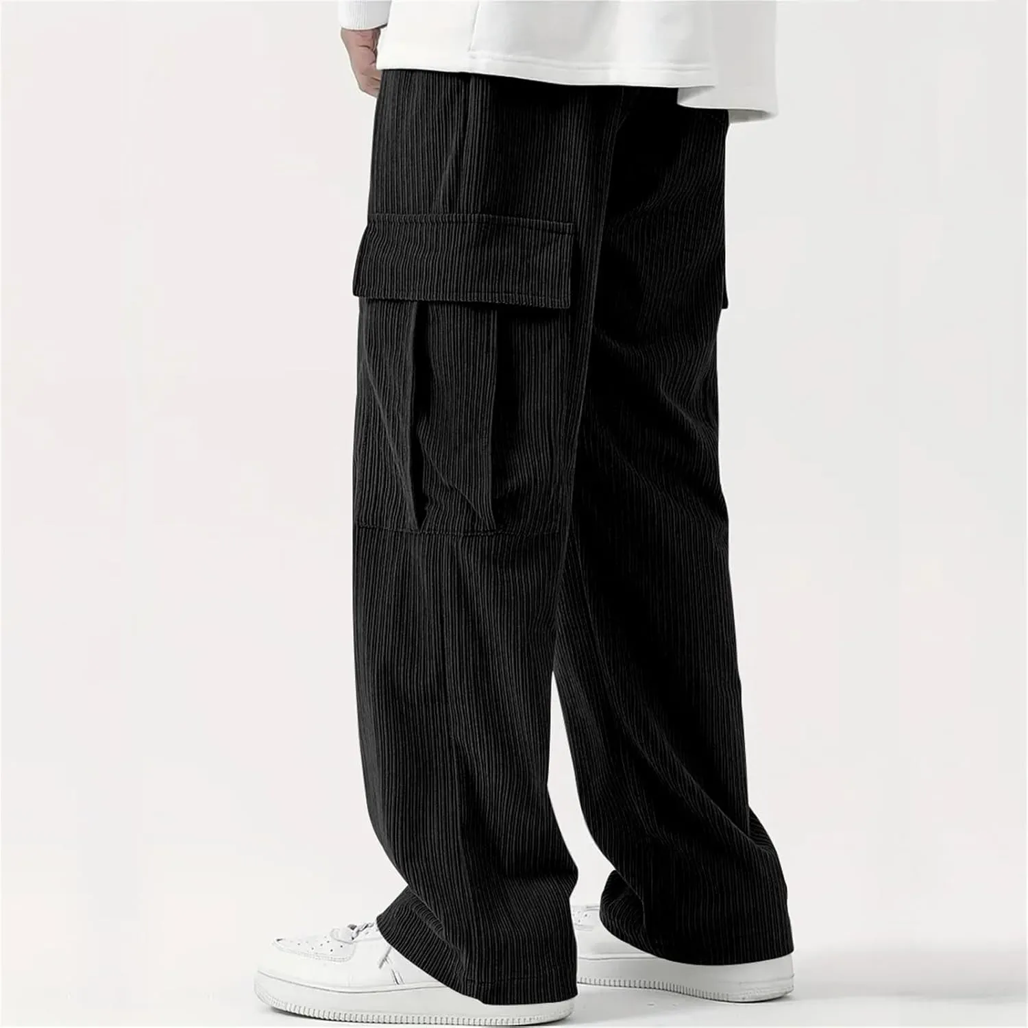 evzosrz Men's Loose Fit Cargo Pants, Casual Corduroy Sweatpant Elastic Waist Wide Leg Trousers Running Baggy Straight Pants