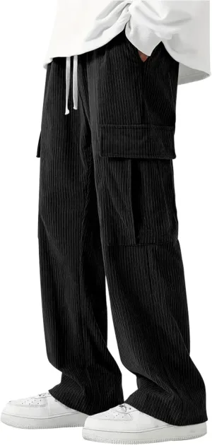 evzosrz Men's Loose Fit Cargo Pants, Casual Corduroy Sweatpant Elastic Waist Wide Leg Trousers Running Baggy Straight Pants