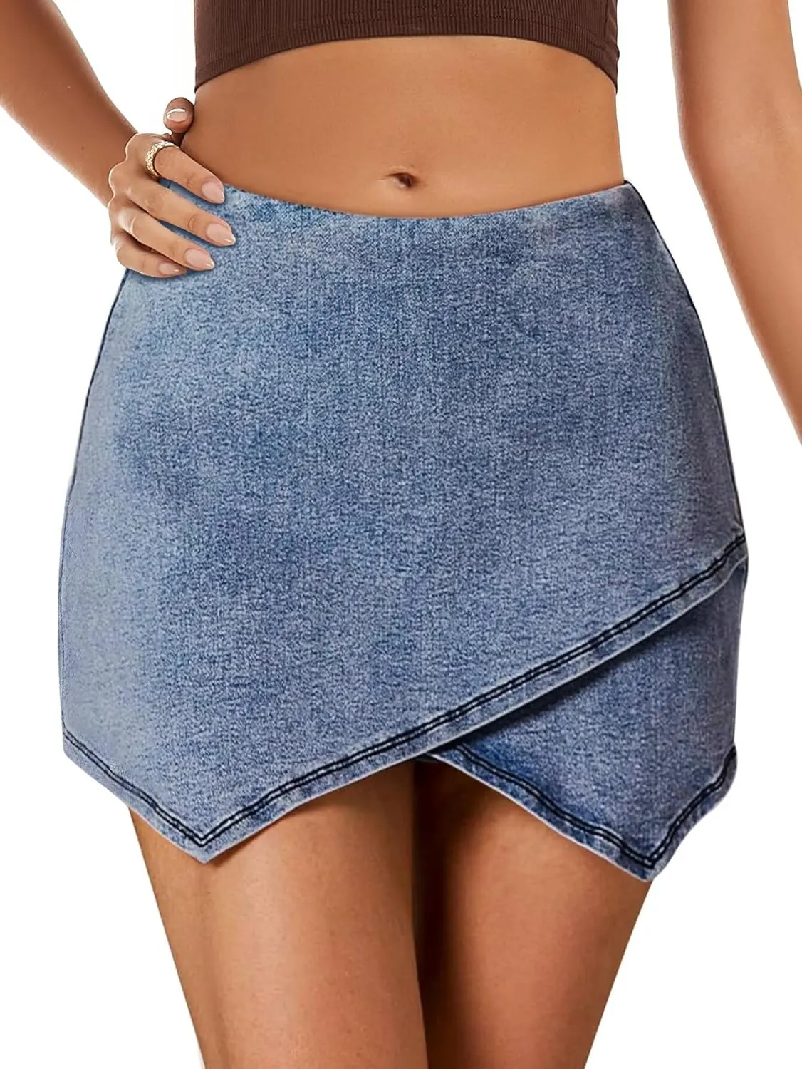 FEKOAFE Denim Skorts for Woman 2025 High Waist Trendy Slit Stretchy Y2K Denim Wrap Skirt with Shorts