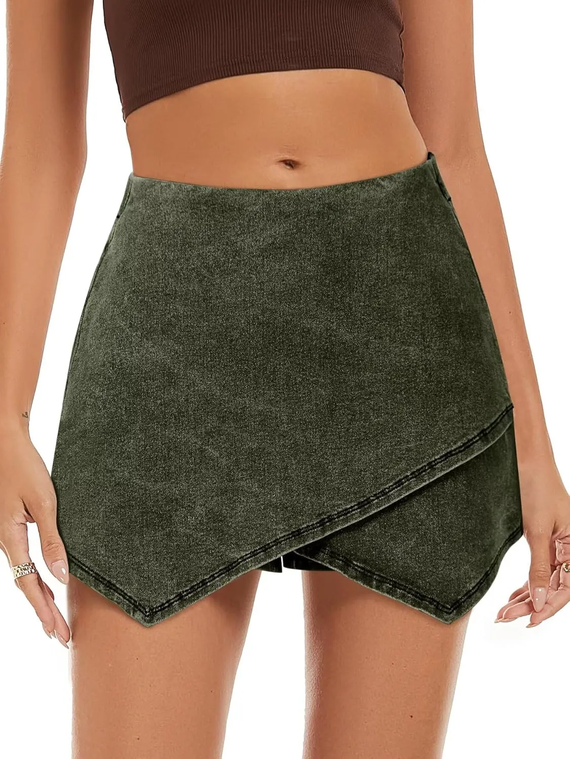 FEKOAFE Denim Skorts for Woman 2025 High Waist Trendy Slit Stretchy Y2K Denim Wrap Skirt with Shorts