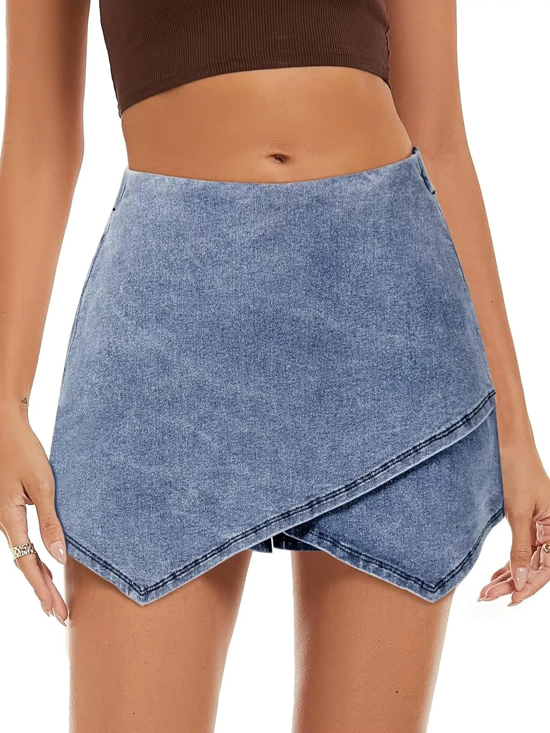 FEKOAFE Denim Skorts for Woman 2025 High Waist Trendy Slit Stretchy Y2K Denim Wrap Skirt with Shorts
