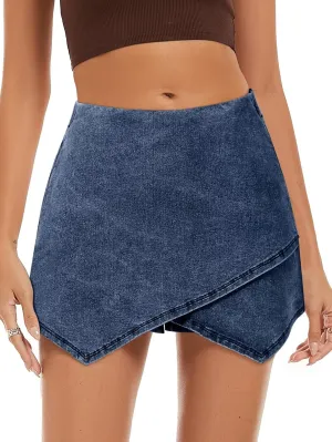 FEKOAFE Denim Skorts for Woman 2025 High Waist Trendy Slit Stretchy Y2K Denim Wrap Skirt with Shorts