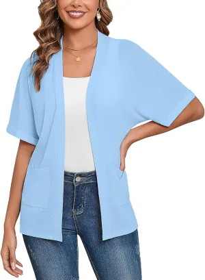 Heymoments Women's Lightweight Open Front Cardigans Short Sleeve Casual Soft Knit Cardigan Sweaters with Pocket S-2XL