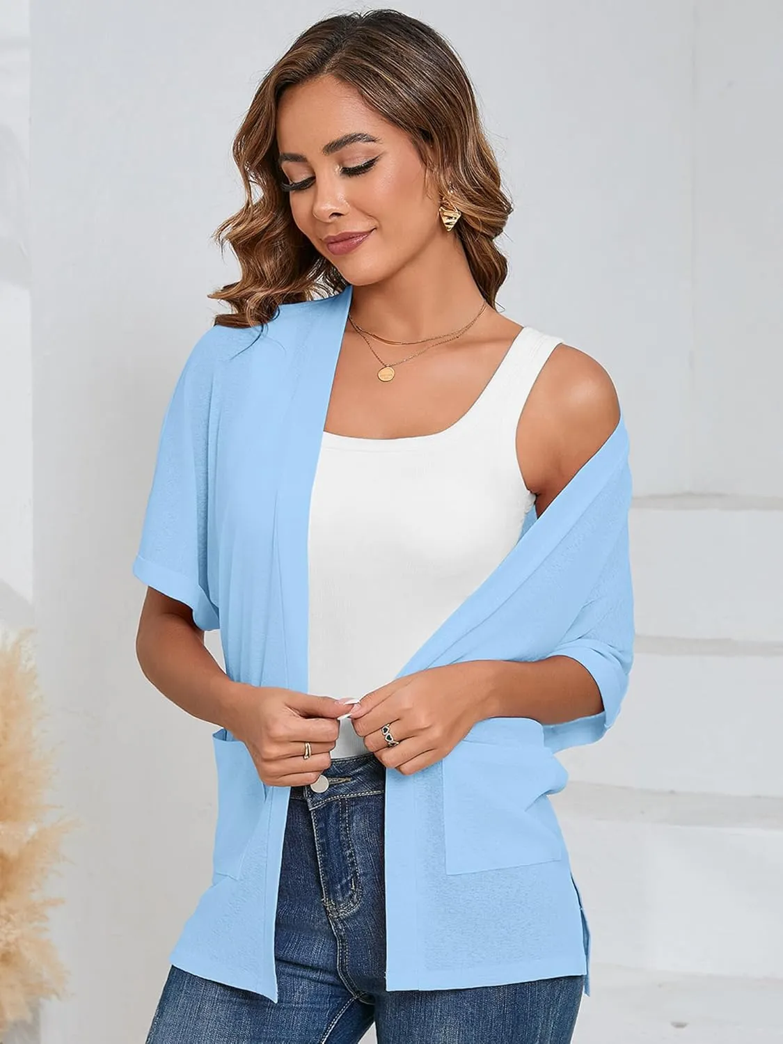 Heymoments Women's Lightweight Open Front Cardigans Short Sleeve Casual Soft Knit Cardigan Sweaters with Pocket S-2XL