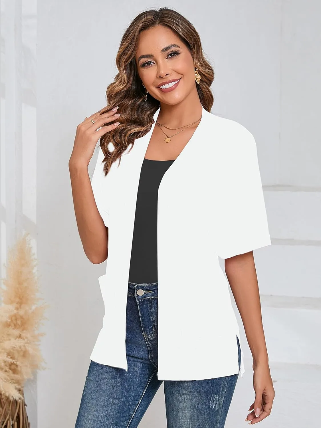 Heymoments Women's Lightweight Open Front Cardigans Short Sleeve Casual Soft Knit Cardigan Sweaters with Pocket S-2XL