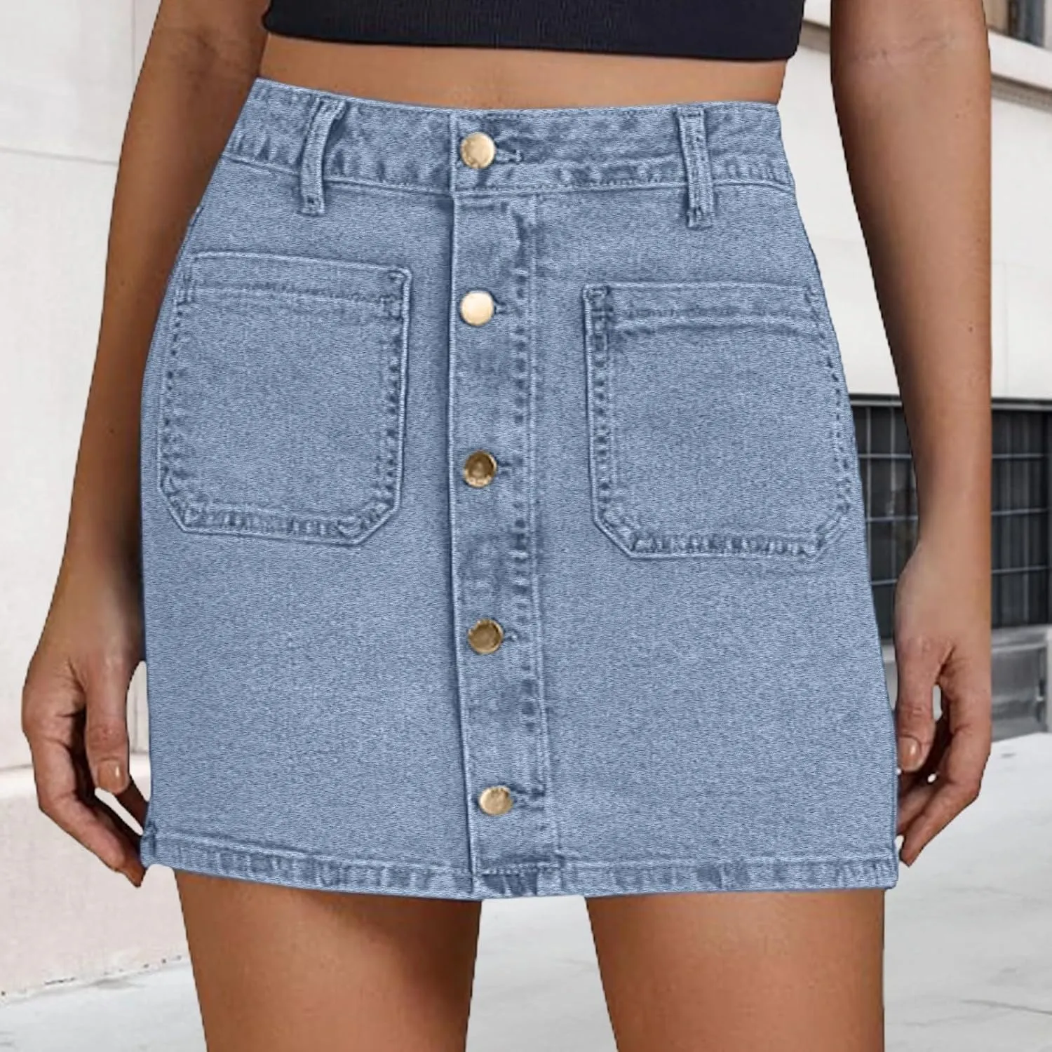 Jean Skirts for Women Denim High Waisted Trendy Stretchy Button Front Short Pencil Skirt with Patch Pockets