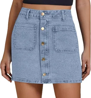Jean Skirts for Women Denim High Waisted Trendy Stretchy Button Front Short Pencil Skirt with Patch Pockets