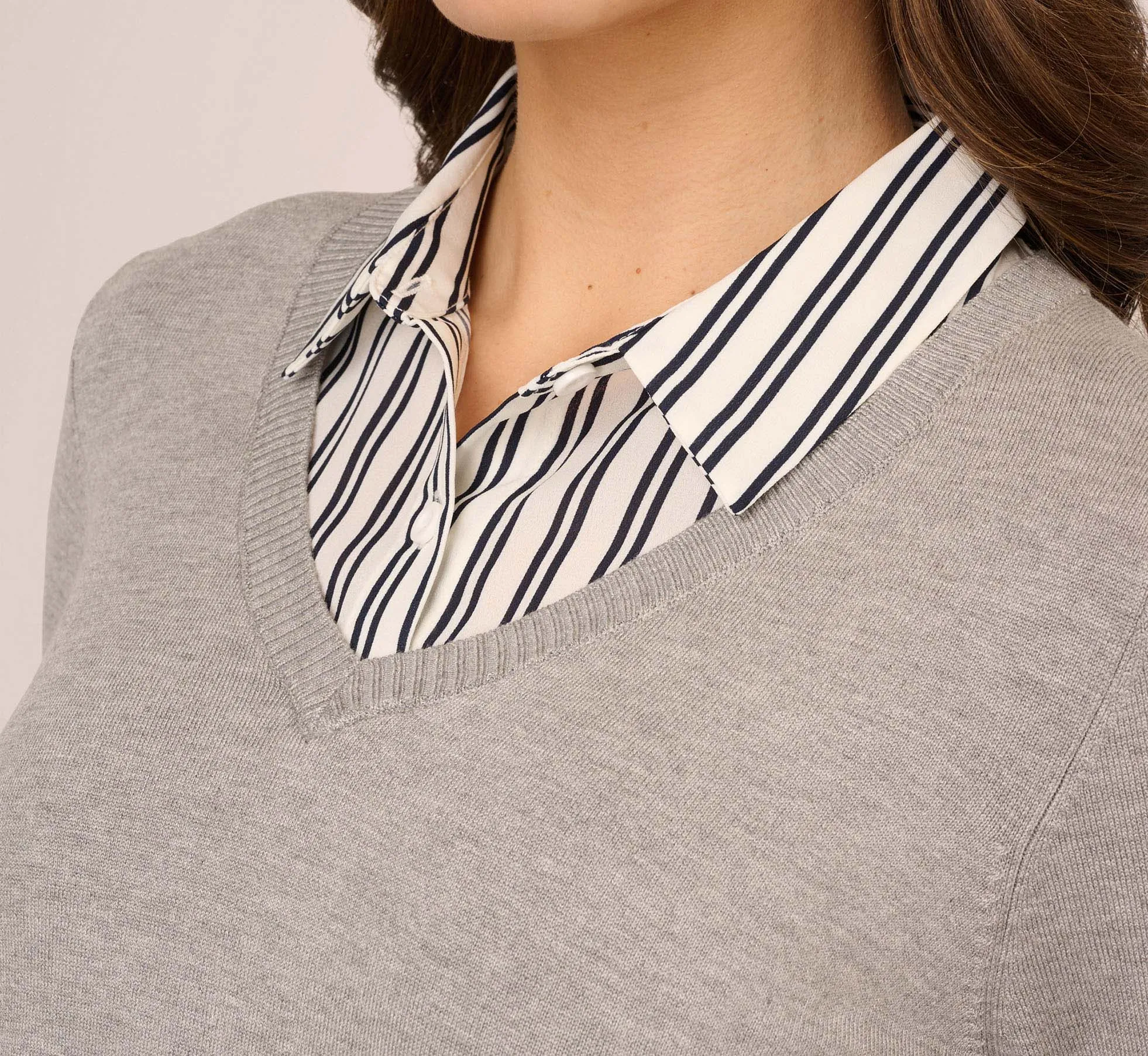 Layered V-Neck Sweater In H. Grey W Ivory Navydualstripe