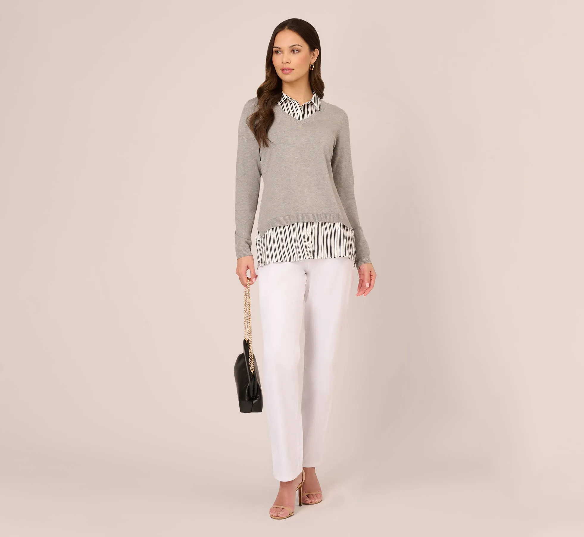 Layered V-Neck Sweater In H. Grey W Ivory Navydualstripe