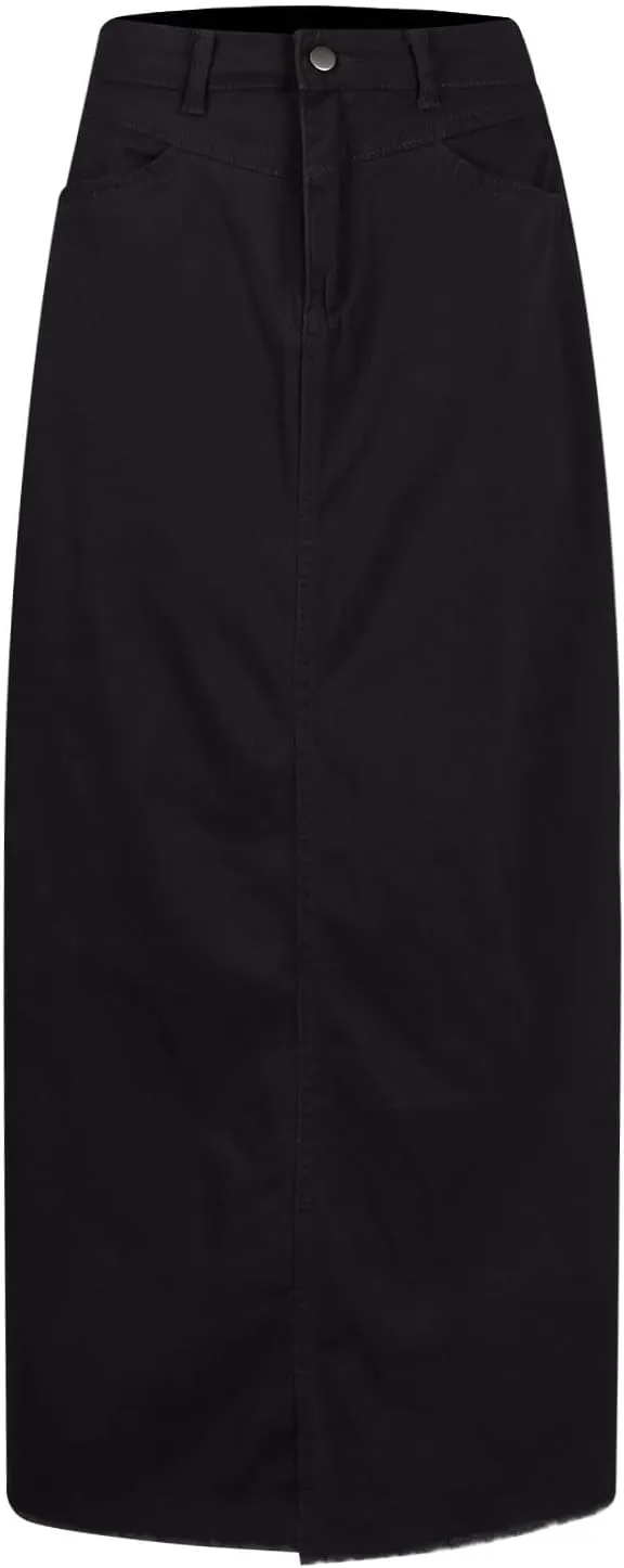 Long Denim Skirt Women Trendy Frayed Hem Maxi Jean Skirt Loose Fit Button Down High Waisted Denim Skirt with Pockets