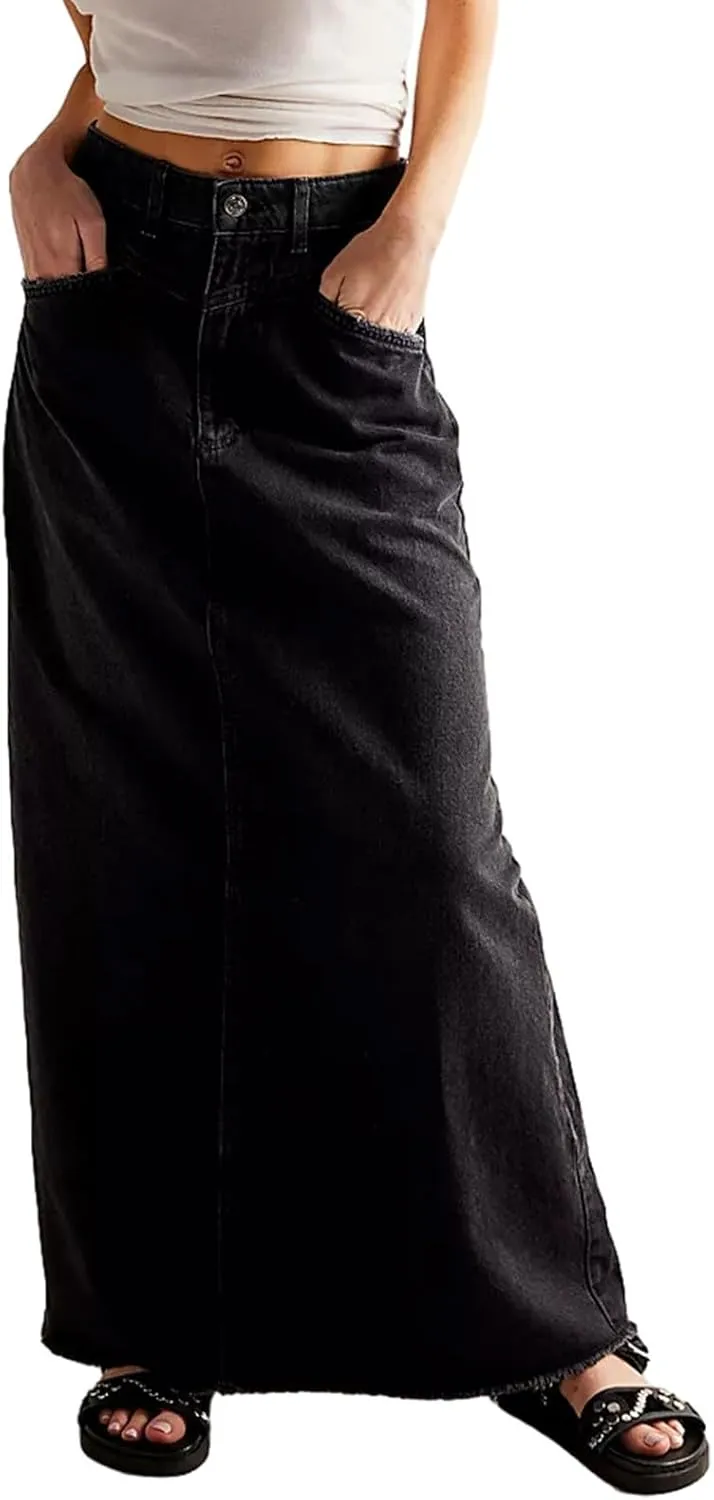 Long Denim Skirt Women Trendy Frayed Hem Maxi Jean Skirt Loose Fit Button Down High Waisted Denim Skirt with Pockets