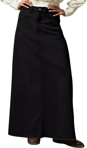 Long Denim Skirt Women Trendy Frayed Hem Maxi Jean Skirt Loose Fit Button Down High Waisted Denim Skirt with Pockets