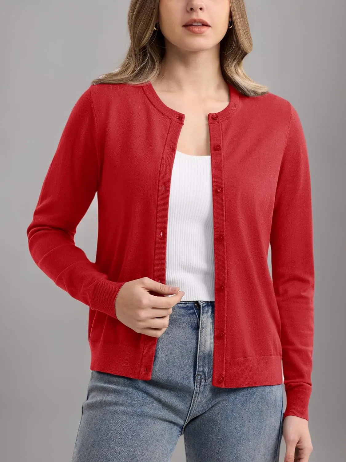 MAGCOMSEN Women's Cardigan Sweaters Lightweight Knit Soft Crew Neck Long Sleeve Open Front Button Spring Casual Cardigan