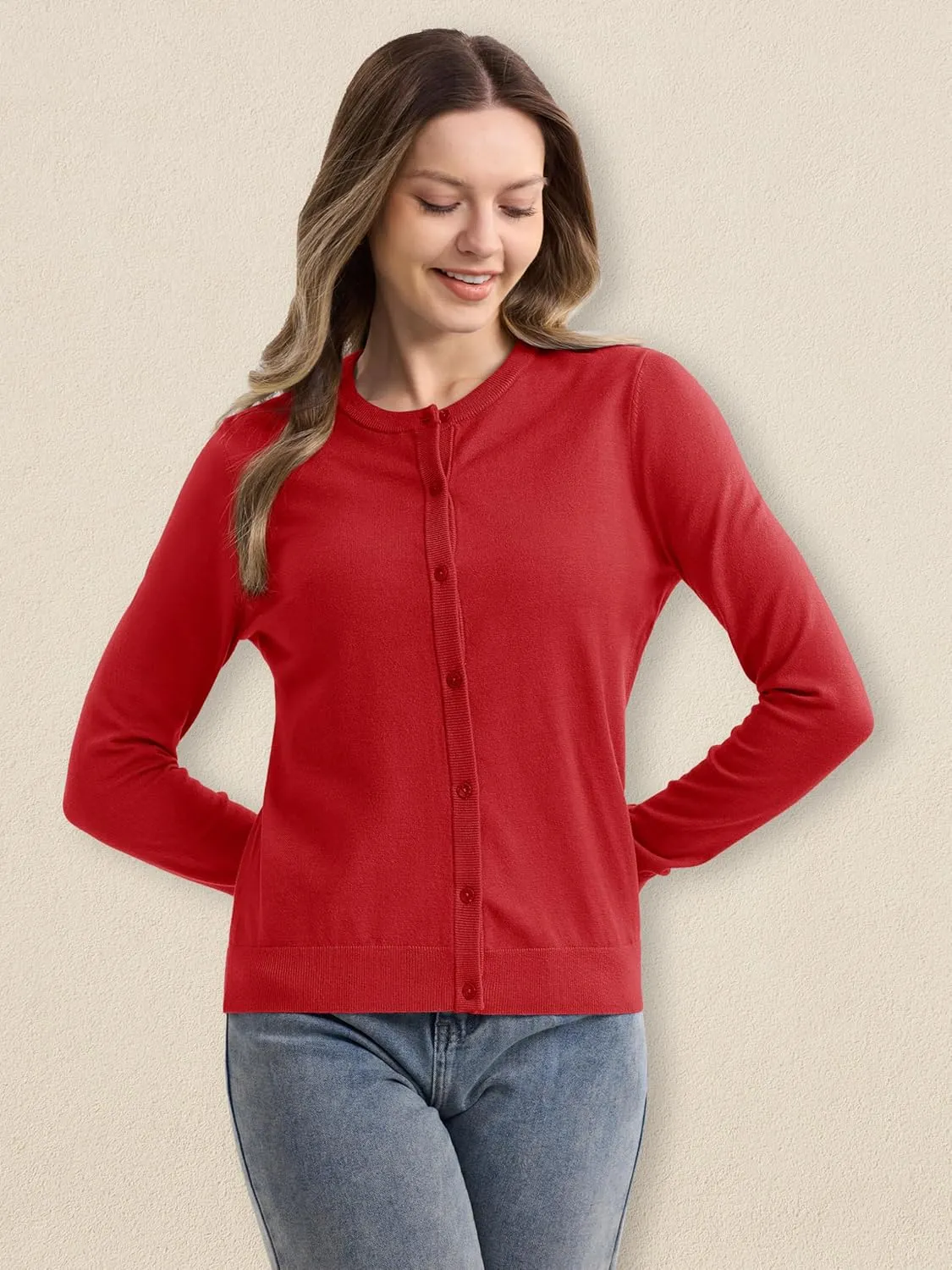 MAGCOMSEN Women's Cardigan Sweaters Lightweight Knit Soft Crew Neck Long Sleeve Open Front Button Spring Casual Cardigan