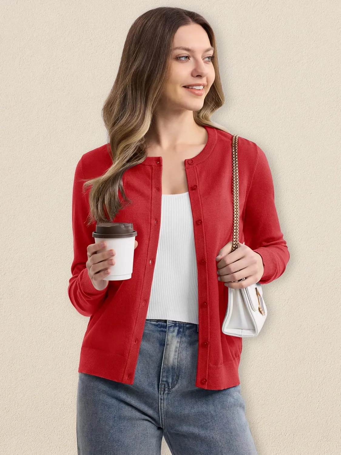 MAGCOMSEN Women's Cardigan Sweaters Lightweight Knit Soft Crew Neck Long Sleeve Open Front Button Spring Casual Cardigan