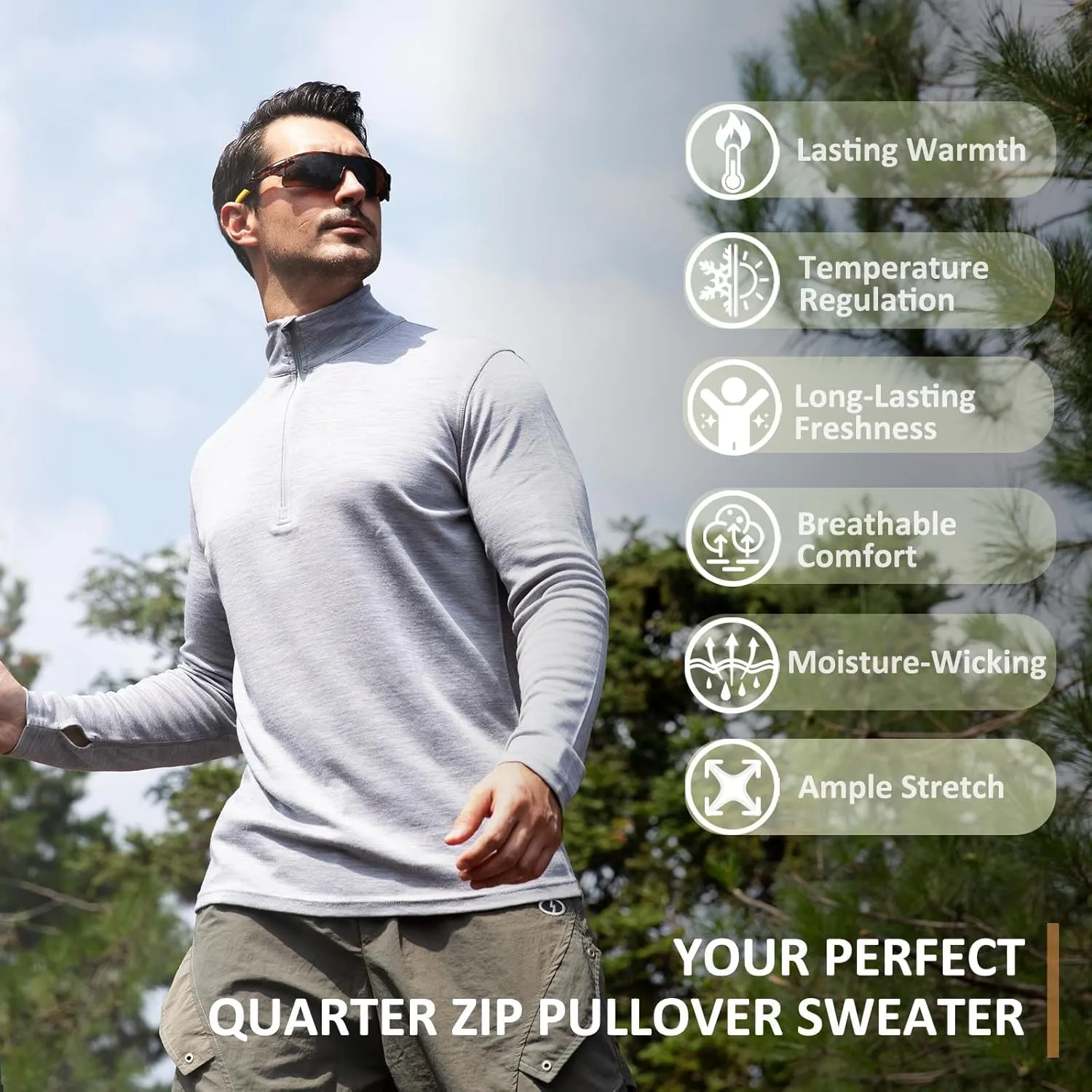 Merino Protect Merino Wool Base Layer Mens Soft Quarter Zip Pullover Sweaters Heavyweight Long Sleeve Shirt Hiking Hunting