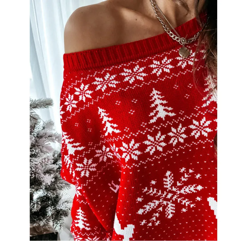 Off Shoulder Christmas Print Knitted Sweater