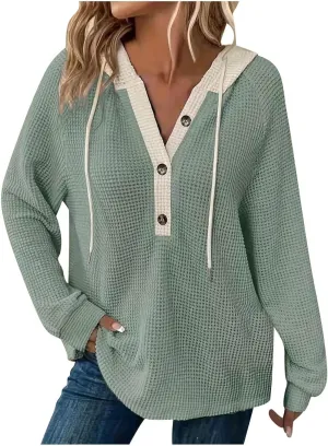 Oversized Hoodies for Women Soft V Neck Waffle Knit Hooded Sweatshirt Lightweight Fall Long Sleeve Pullover Sweaters